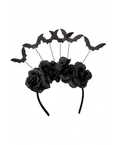 BLACK HEADBAND WITH  ROSE AND BATS WITH HEADER