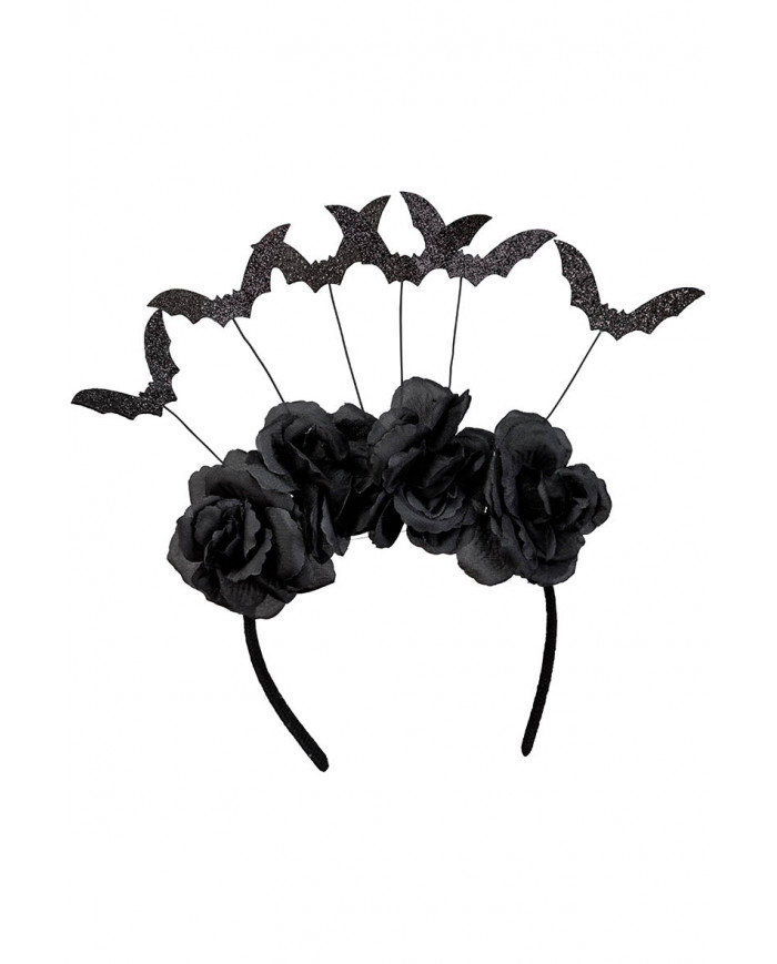 diadema negra con rosas y murciélagos con solapa de cartón