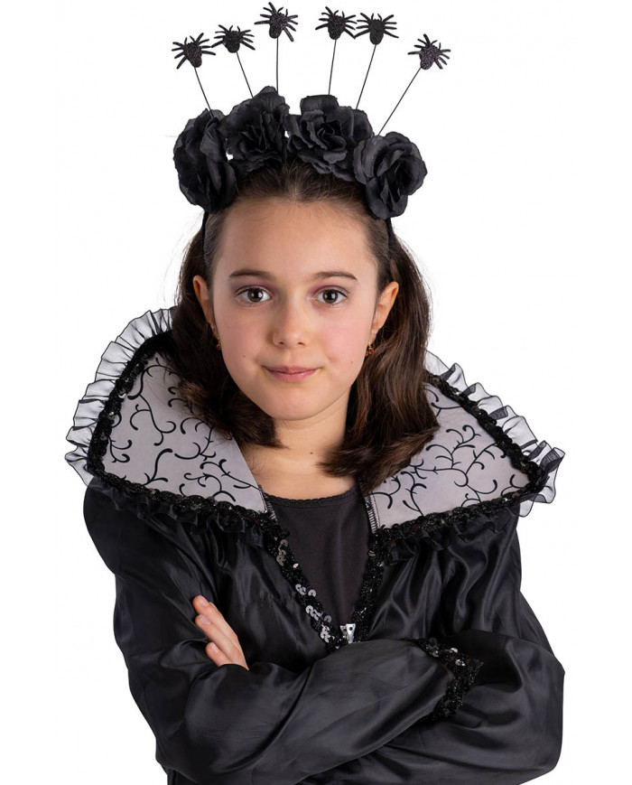 BLACK HEADBAND WITH SPIDERS AND ROSES WITH HEADER