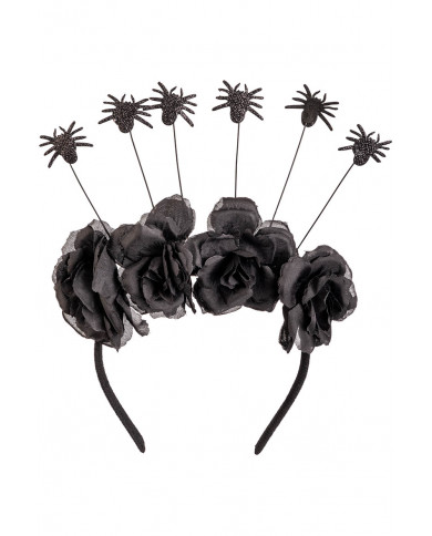 BLACK HEADBAND WITH SPIDERS AND ROSES WITH HEADER