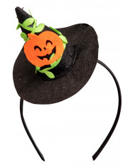 sombrero pequeño de bruja negro con calabaza y diadema con solapa de cartón