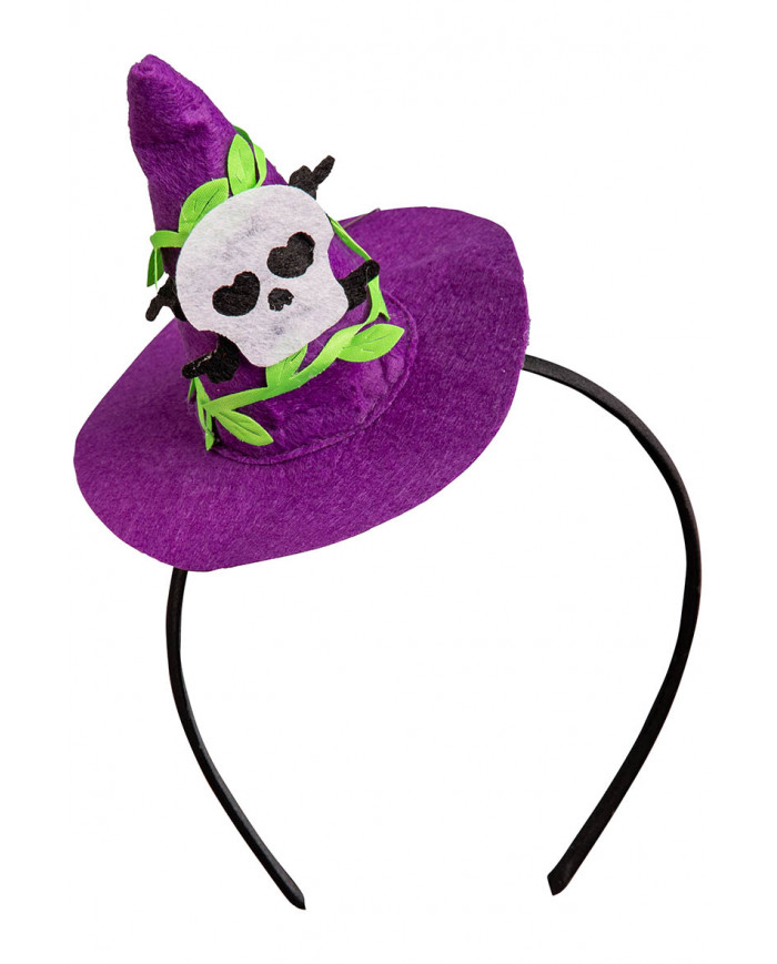 PURPLE WITCH MINI HAT WITH SKULL ON HEADBAND WITH HEADER