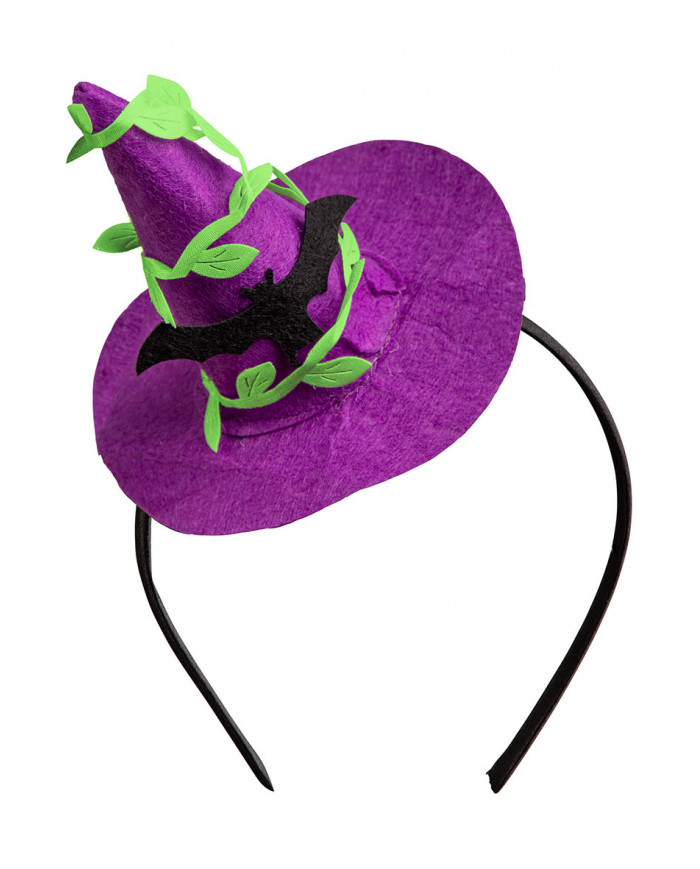 chapeau sorcière violet avec chauve-souris et serre-tête avec carte d’en-tête