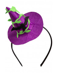 PURPLE WITCH MINI HAT WITH BAT ON HEADBAND WITH HEADER