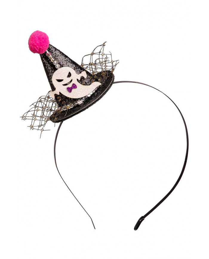 sombrero pequeño negro de purpurina con pompón y fantasma con diadema con solapa de cartón