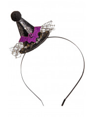 GLITTERED BLACK MINI HAT WITH POM-POM AND BAT ON HEADBAND WITH HEADER