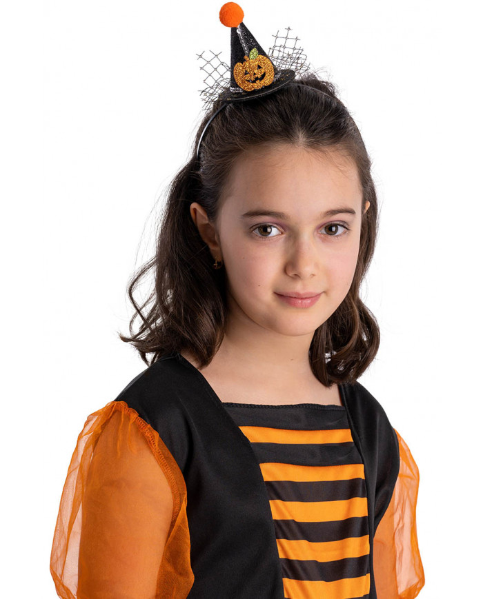 sombrero pequeño negro de purpurina con pompón y calabaza con diadema con solapa de cartón