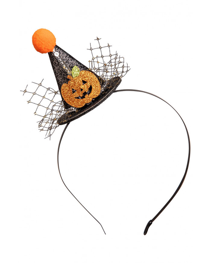GLITTERED BLACK MINI HAT WITH POM-POM AND PUMPKIN ON HEADBAND WITH HEADER