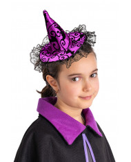 Violettes Hexenhütchen aus Damaststoff mit Haarreif mit Aufhänger