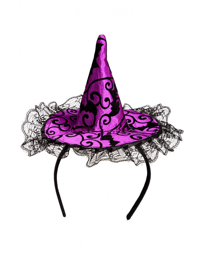 PURPLE DAMASK WITCH HAT ON HEADBAND WITH HEADER