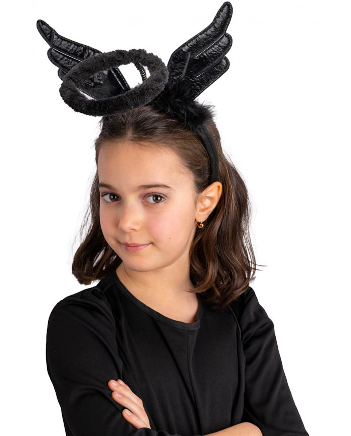 BLACK ANGEL HEADBAND WITH HALO, WINGS AND MARABOUT WITH HEADER
