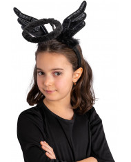 BLACK ANGEL HEADBAND WITH HALO, WINGS AND MARABOUT WITH HEADER