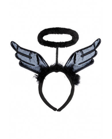 BLACK ANGEL HEADBAND WITH HALO, WINGS AND MARABOUT WITH HEADER