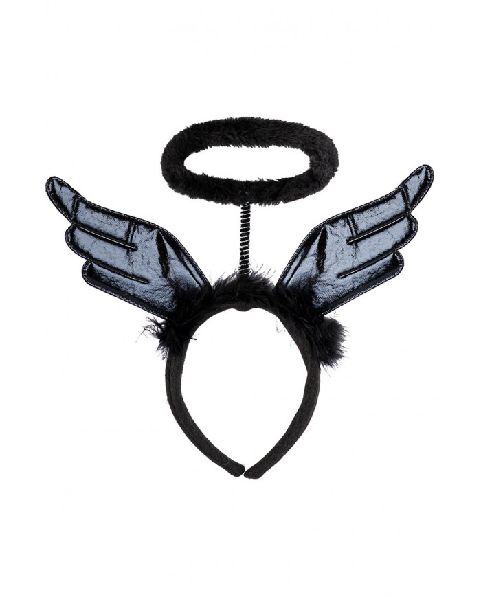 BLACK ANGEL HEADBAND WITH HALO, WINGS AND MARABOUT WITH HEADER