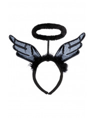 BLACK ANGEL HEADBAND WITH HALO, WINGS AND MARABOUT WITH HEADER