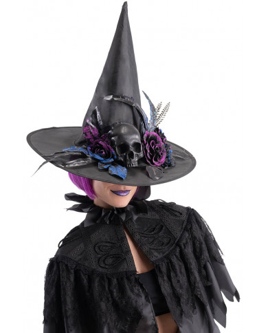 BLACK WITCH HAT IN PLASTIC FABRIC WITH SKULL AND GLITTERED DEC. H.CM. 45 WITH HANGTAG LABEL