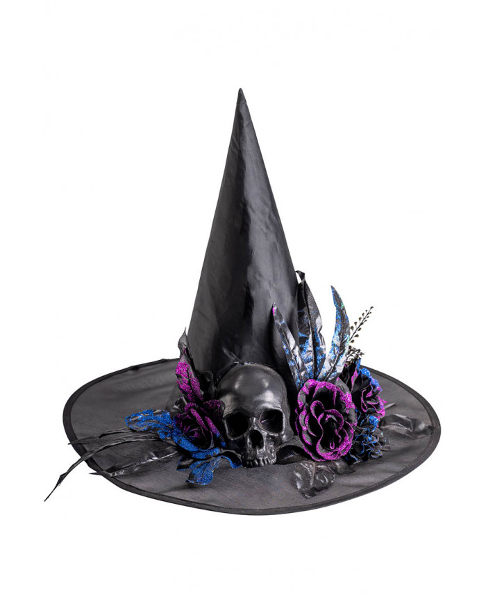 chapeau sorcière noir en tissu plastifié avec tête de mort et décorations en poudre de paillettes, hauteur 45 cm env...