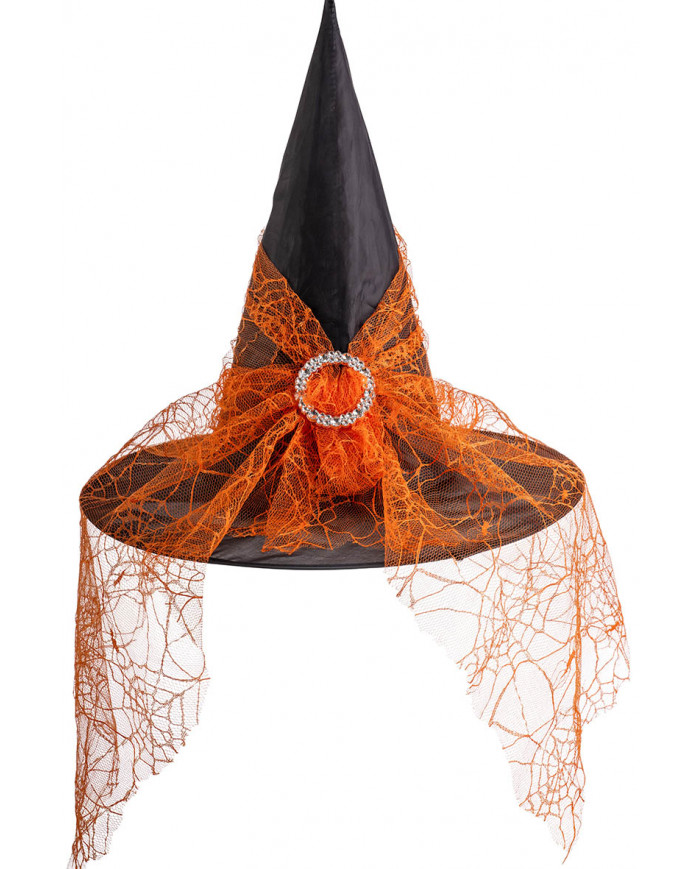 sombrero de bruja negro de tela plastificada con gasa naranja de unos 35 cm de alto con etiqueta colgante/etiqueta