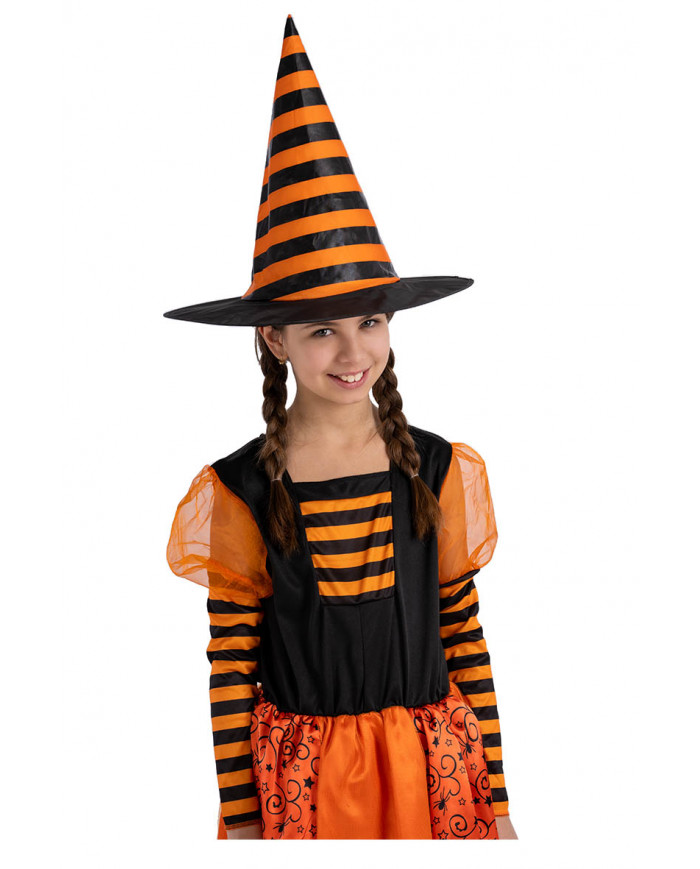 sombrero de bruja a rayas naranja en tela plastificada de unos 35 cm de alto con etiqueta colgante/etiqueta