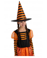 chapeau sorcière à rayures orange en tissu plastifié, hauteur 35 cm environ avec étiquette volante / étiquette