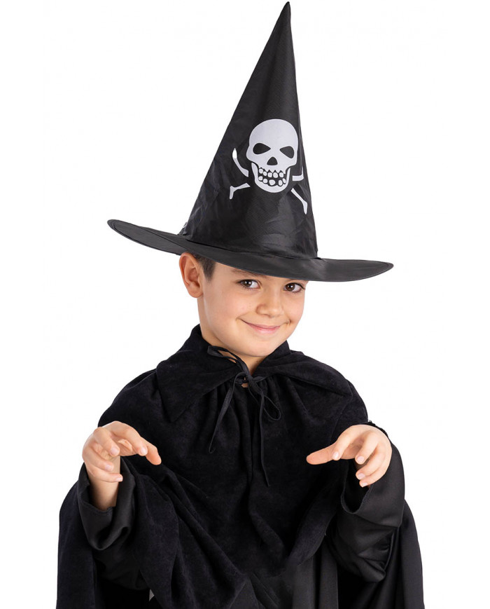 sombrero de bruja con estampado de calavera de tela plastificada de unos 35 cm. de alto con etiqueta colgante/etiqueta