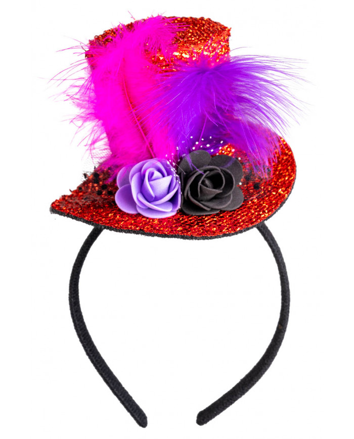 Cappellino rosso tess.goffrato con fiori, piume, voile con cerchietto con cartellino/etichetta