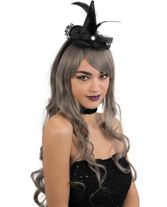 MINI BLACK WITCH HAT WITH LACE, FEATHERS AND VEIL WITH HEADBAND WITH HEADER