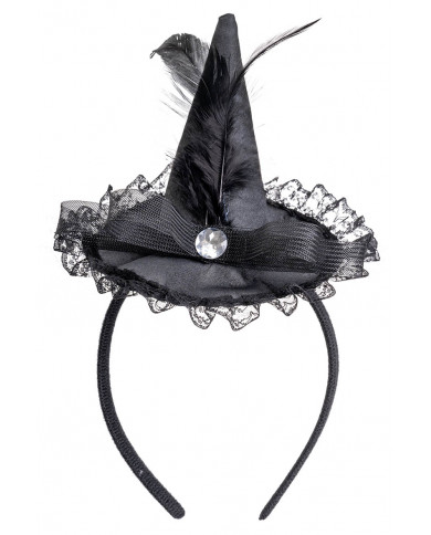 chapeau sorcière noir avec dentelle, plumes, voile, serre-tête avec carte d’en-tête