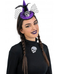 Violettes Hexenhütchen mit Totenkopf, Federn und Voile mit Haarreif mit Aufhänger
