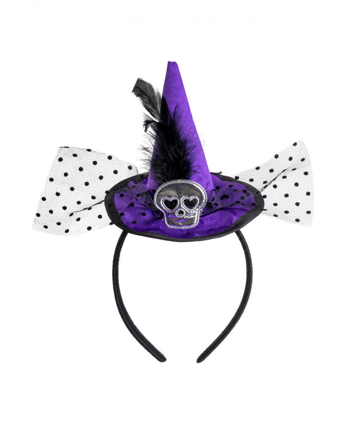 Violettes Hexenhütchen mit Totenkopf, Federn und Voile mit Haarreif mit Aufhänger