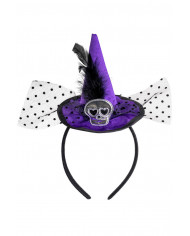 Cappellino strega viola con teschio, piume e voile con cerchietto con cav.