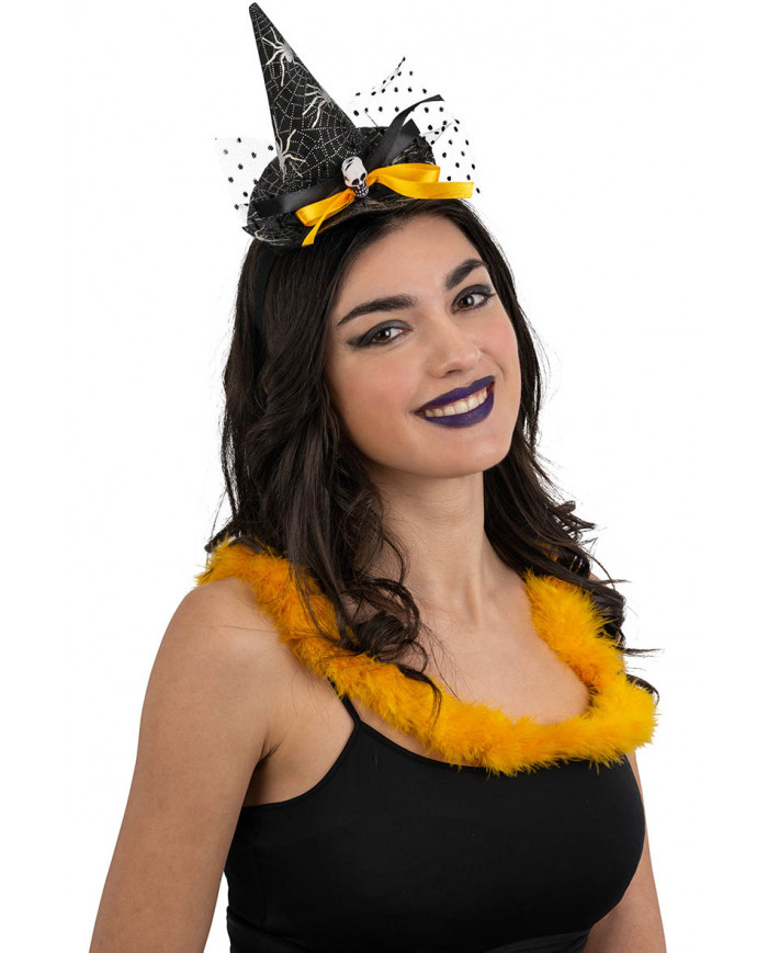 Cappellino strega nero con teschio, piume e voile con cerchietto con cav.