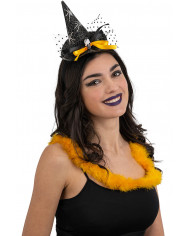 chapeau sorcière noir avec tête de mort, plumes, voile, serre-tête avec carte d’en-tête