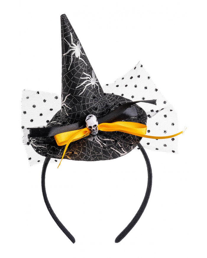 Cappellino strega nero con teschio, piume e voile con cerchietto con cav.
