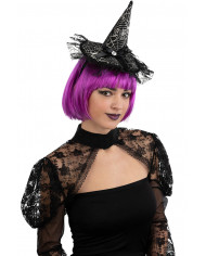 BLACK SATIN MINI HAT WITH BOW AND LACE ON HEADBAND WITH HEADER