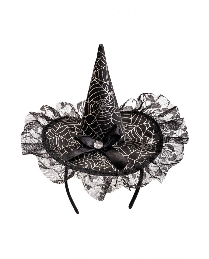 chapeau en satin noir avec nœud, dentelle et serre-tête avec carte d’en-tête