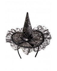 sombrero pequeño de raso negro con lazo y encaje con diadema con solapa de cartón