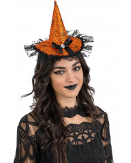 Cappellino  in raso arancione con fiocco e pizzo con cerchietto con cav.