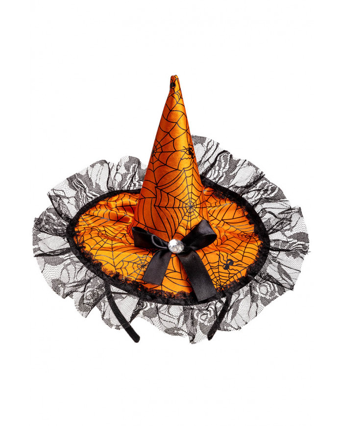 Orange Hütchen aus Strechsatin mit Schleife und Spitze mit Haarreif mit Aufhänger