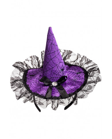 Cappellino  in raso viola con fiocco e pizzo con cerchietto con cav.