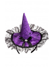 PURPLE SATIN MINI HAT WITH BOW AND LACE ON HEADBAND WITH HEADER