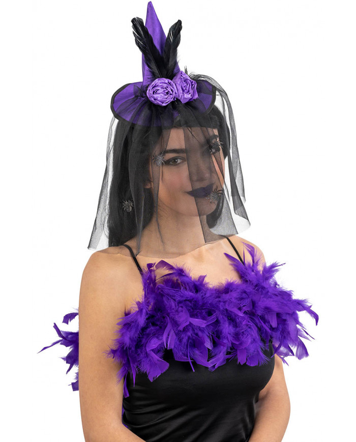 PURPLE SATIN MINI HAT WITH ROSE, FEATHERS AND VEIL ON HEADBAND WITH HEADER