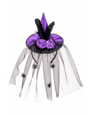 PURPLE SATIN MINI HAT WITH ROSE, FEATHERS AND VEIL ON HEADBAND WITH HEADER