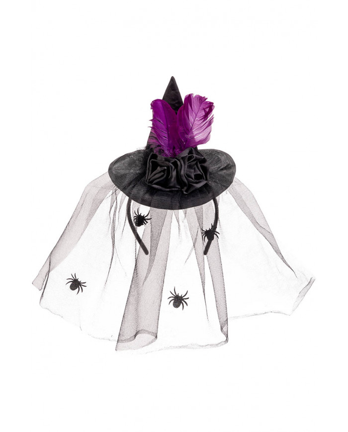 Cappellino in raso nero con rosa,piume e veletta con cerchietto con cav.