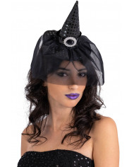 Cappellino nero in tess con paillettes ,fibbia e veletta con cerchietto con cav.