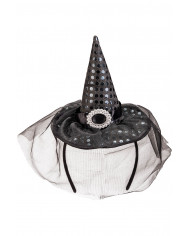 BLACK FABRIC MINI HAT WITH SEQUINS, BUCKLE AND VEIL ON HEADBAND WITH HEADER