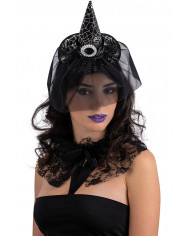 BLACK SATIN MINI HAT WITH BUCKLE AND VEIL ON HEADBAND WITH HEADER