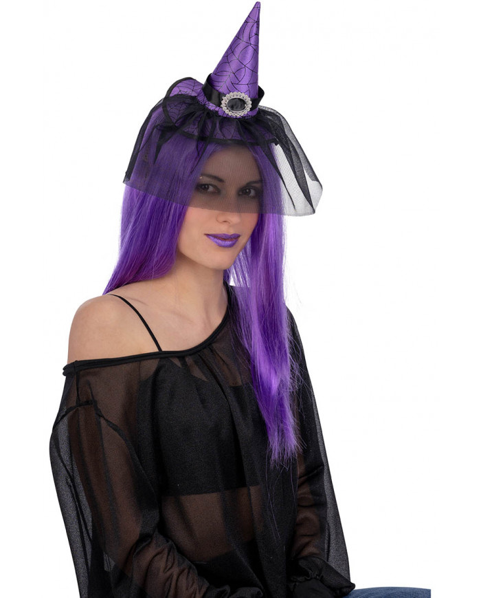 PURPLE SATIN MINI HAT WITH BUCKLE AND VEIL ON HEADBAND WITH HEADER