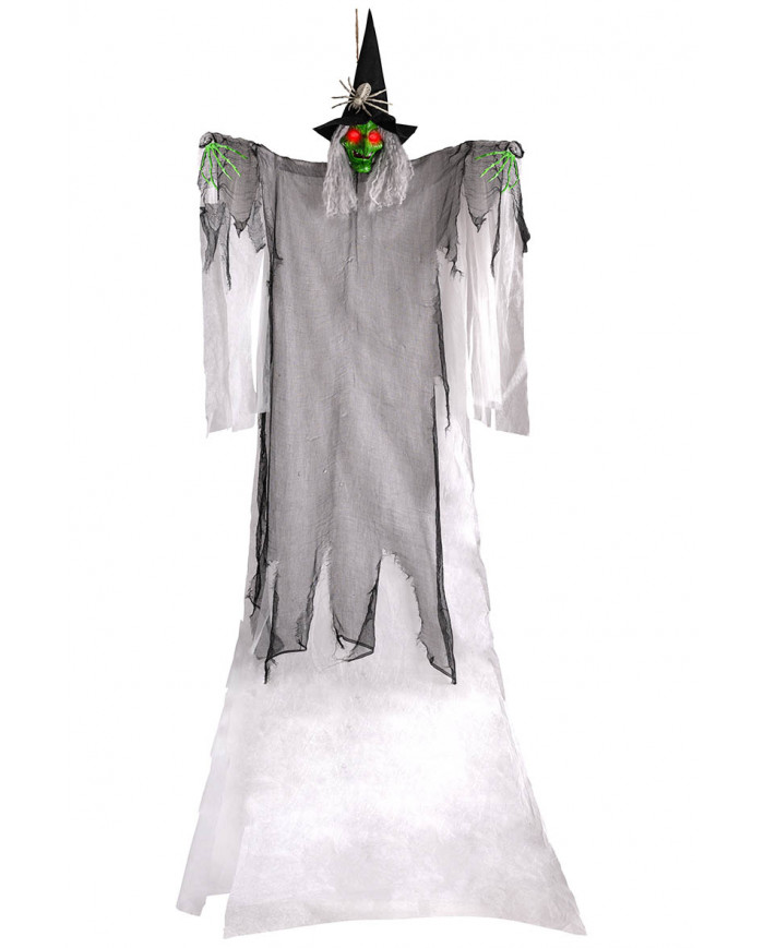 sorcière avec chapeau, araignée et lumières à suspendre, hauteur 310 cm environ dans une pochette (piles comprises)