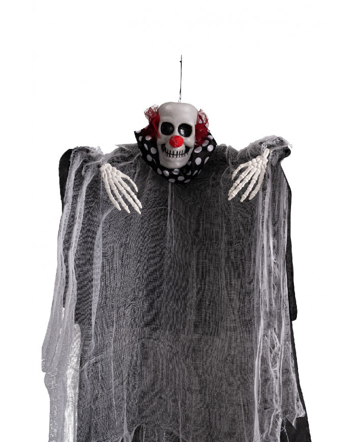 Horror-Clown mit getüpfeltem Halsband zum Aufhängen H. cm 80 ca. mit Pappschild/Etikett